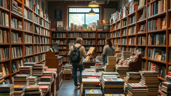 People browsing books in an Austin bookstore on the Texas Book Trail.