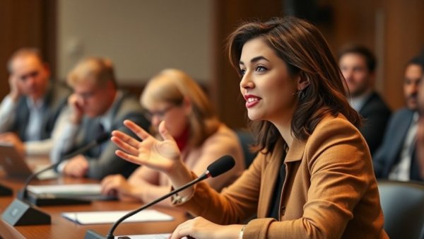 Confident speaker discussing federal budget transparency in a meeting.