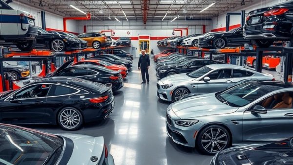 Luxury cars in busy repair shop related to fraudulent mechanic's liens.