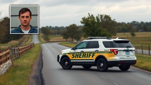 Houston crime news: Sheriff's vehicle on rural road with inset of person in custody.