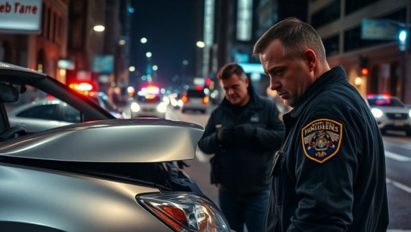 Houston hit-and-run news: Police inspecting damaged car at night.