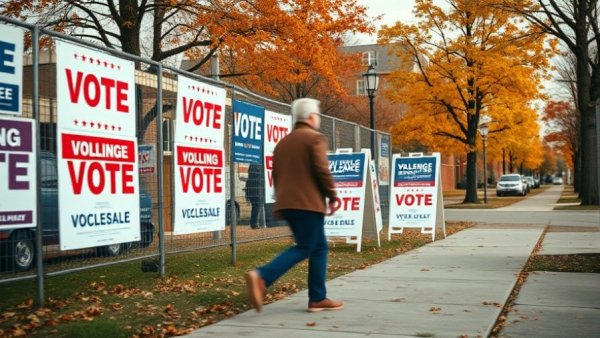 Texas elections 2025 voting site with signage and people.