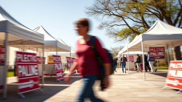 Pedestrian near Texas elections 2026 polling site with voting signs.