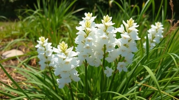 Delicate albino bluebonnets swaying in Texas garden, lush greenery.