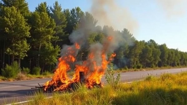 San Antonio news features a small roadside fire near greenery.