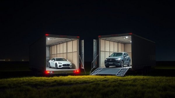 Two trailers with white cars inside highlighting crime investigation scene.