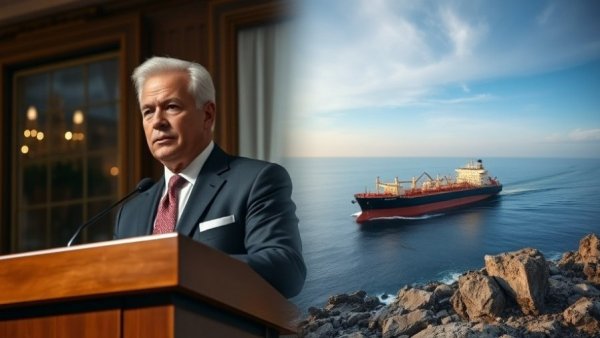 Iran Deal Hopes in Peril: Public figure speaks, oil tanker visible.