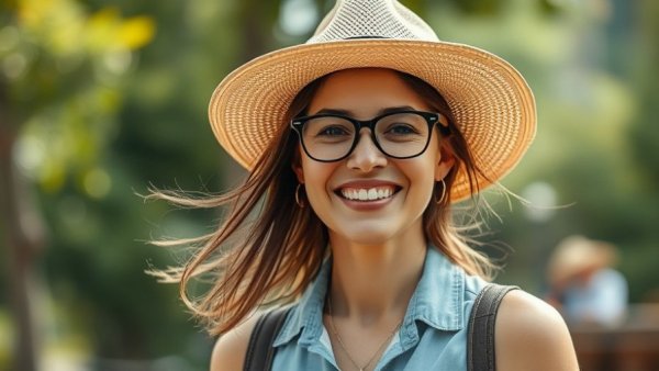 Smiling Michigan woman in hat, outdoor close-up.