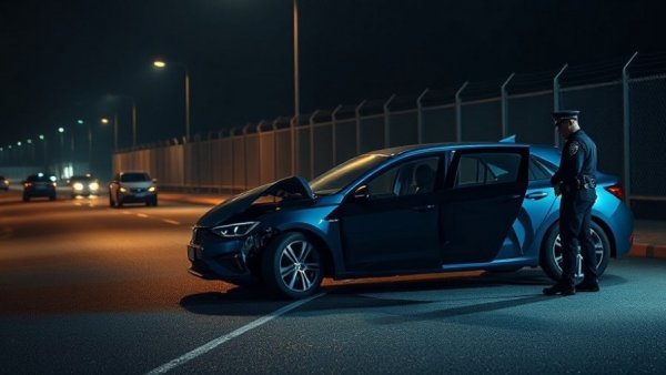 Police officer investigates crash site in Dallas at night.