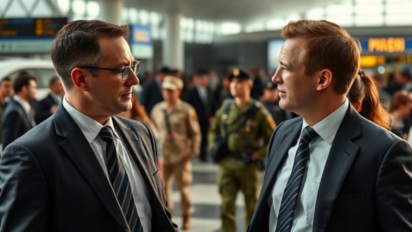 US News Articles: Two professionals conversing at airport, vivid backdrop.