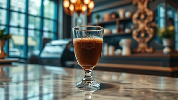 Royal Roastery glass on marble counter in modern interior