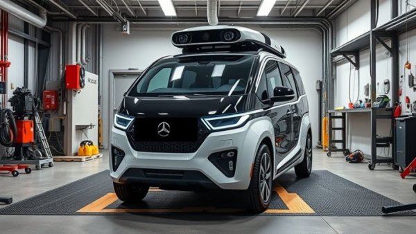 Autonomous vehicle prototype in Texas lab for safety regulations testing.