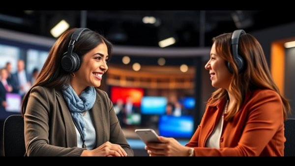 Two women discussing Marble Falls Turbine Interchange on TV show.
