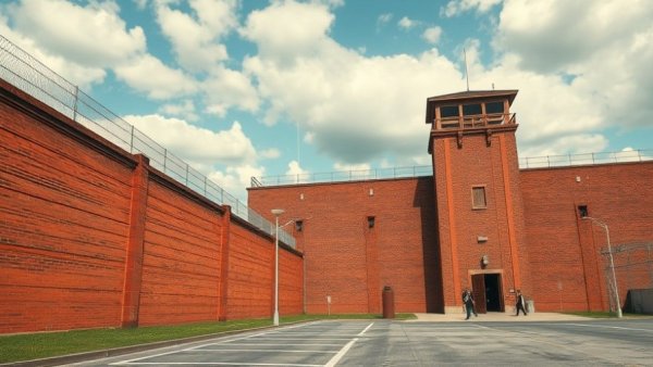 Expansive red brick prison wall under cloudy sky, Texas prisons ban hardcover books.