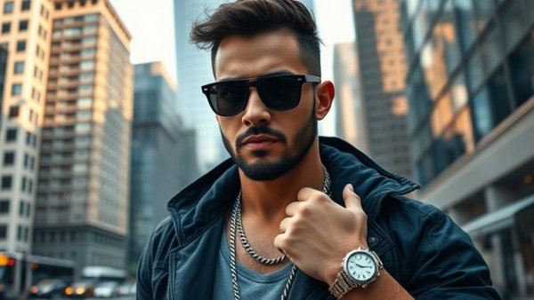 Stylish urban man wearing jewelry in cityscape setting.