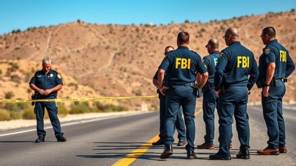 FBI agents investigate highway scene with caution tape.