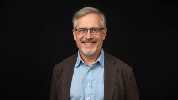 Confident man smiling with promotional text, mental wellness.