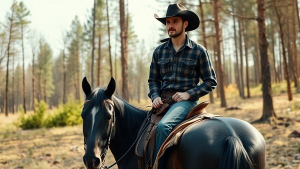 Cowboy riding horse in forest, New Braunfels horse rescue.