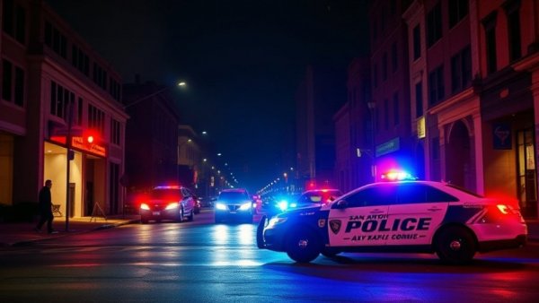 San Antonio police car at night scene addressing pedestrian safety news.