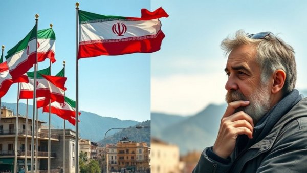 Iranian flags and thoughtful man in news context.