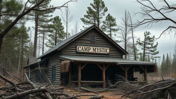 Austin news today shows Camp Mystic with storm damage in rustic setting.