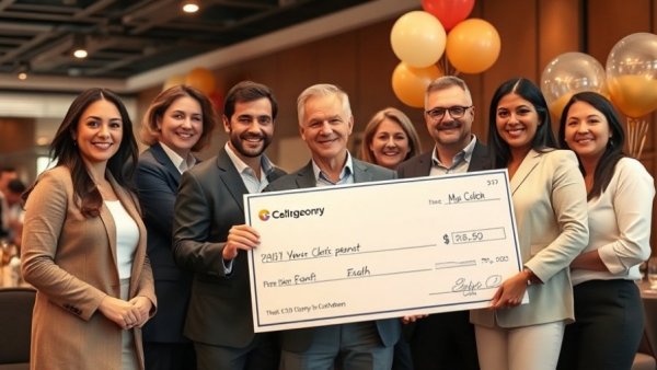 Austin news: professionals celebrate with large check at event.