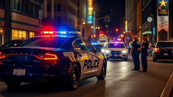 Houston police car with flashing lights at night for Houston news today.