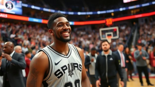 San Antonio Spurs player jubilant in post-game interview, teammates celebrate.