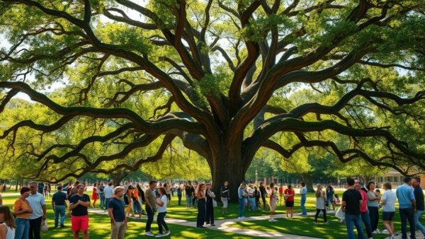 Austin lifestyle scene with people under large oak tree.