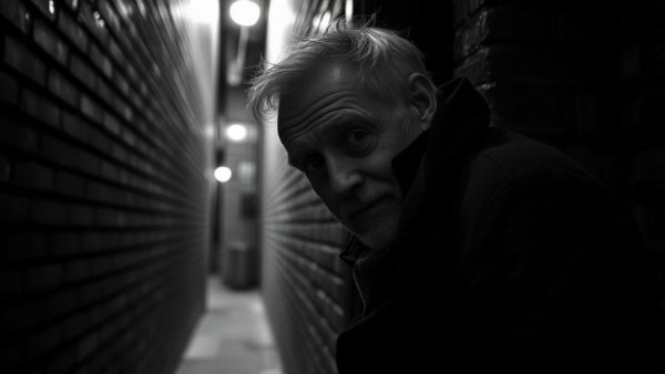 Suspenseful elderly man peering around a brick wall in classic Hitchcock style.