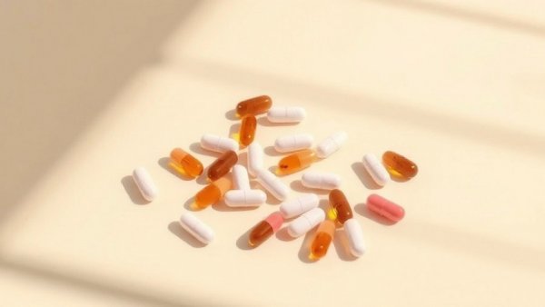 Supplement pills for gut health on beige surface.