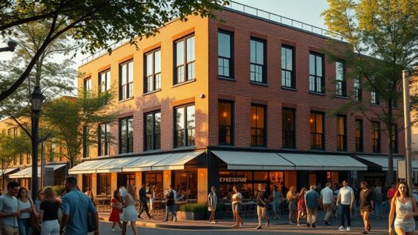 Lively Houston business area with bustling outdoor dining scene.