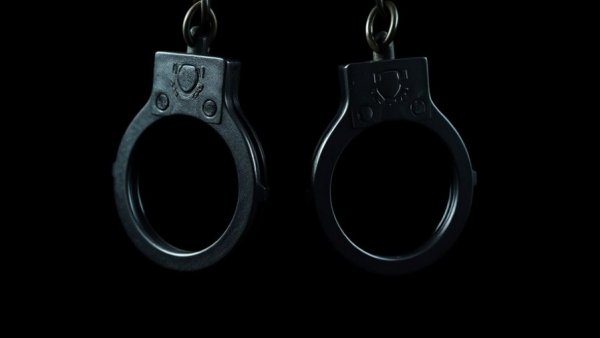 Handcuffs symbolizing arrest and justice in dark setting.