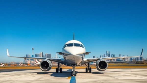 Modern airliner parked at airport, city skyline in background.