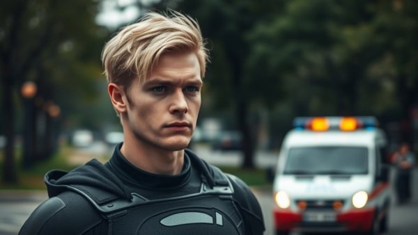 Blonde superhero in uniform, thoughtful moment in city park.