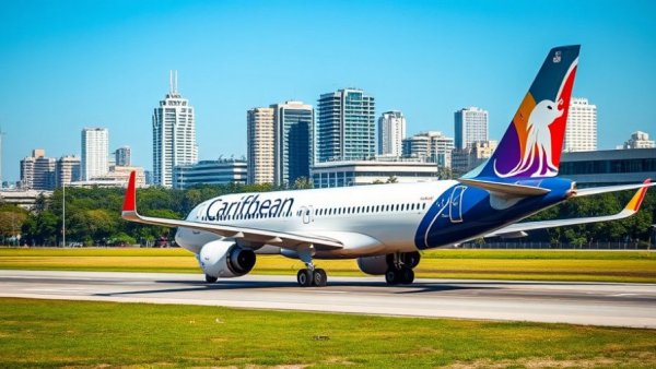 Caribbean Airlines plane on runway with city skyline.