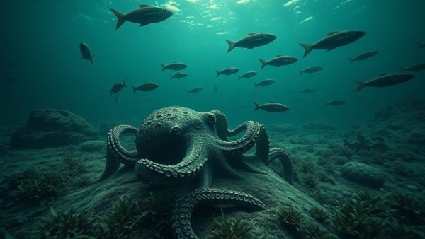 Ancient underwater scene depicting a misunderstood octopus amid marine life.
