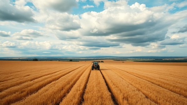 Tractor in expansive field under cloudy sky, rural landscape.