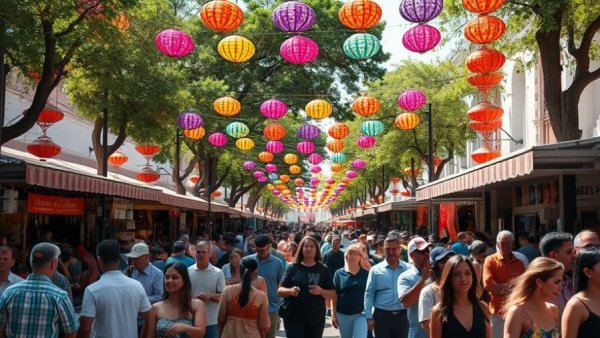 Colorful street market with papel picado and festive atmosphere.