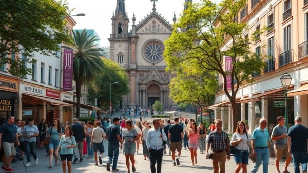 Lively Main Plaza redesign in San Antonio with diverse visitors and church.