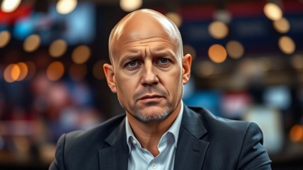 Serious man in a news studio discussing AI tech war.