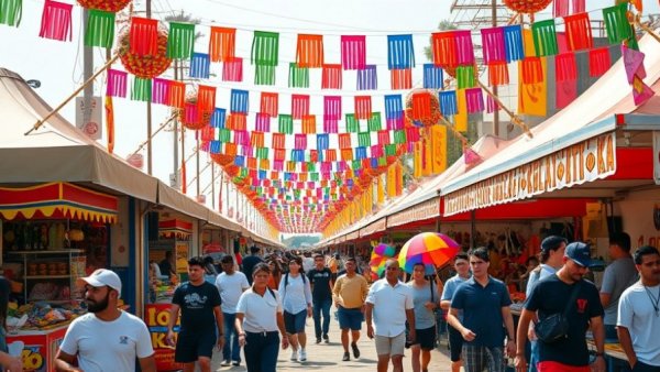Vibrant festival scene with colorful flags at San Antonio event, san antonio news.