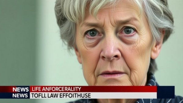 Elderly woman in news frame with logos and text overlay.