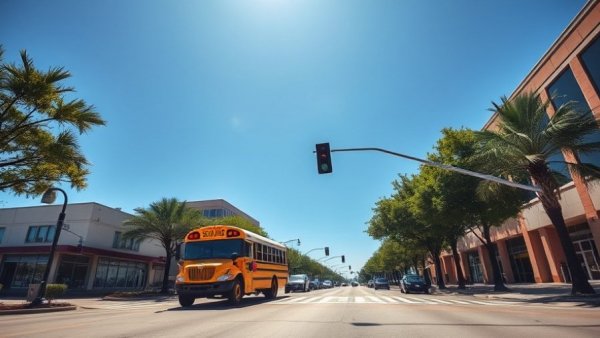 Sunny Houston street with school bus crossing.
