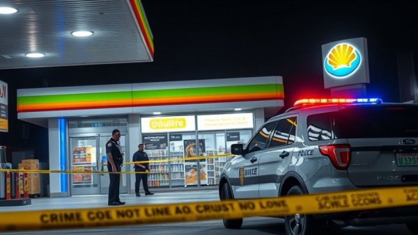 Police at night scene at gas station with tape and lights.