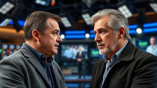 Breaking news discussion with two men, focused expressions.