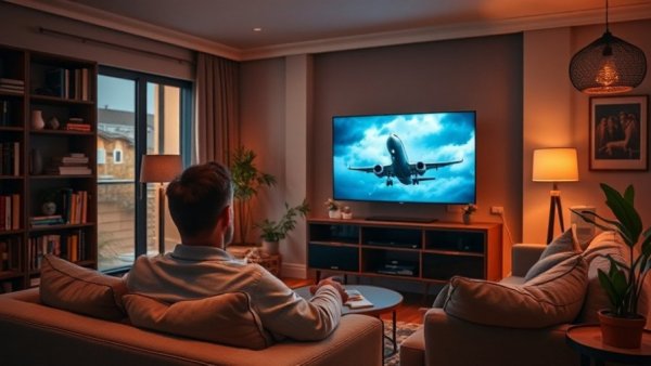 Man watches dramatic airplane landing scene on TV in cozy living room.