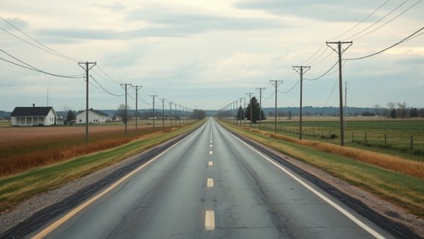 Serene rural road at Colony Ridge settlement with overcast sky