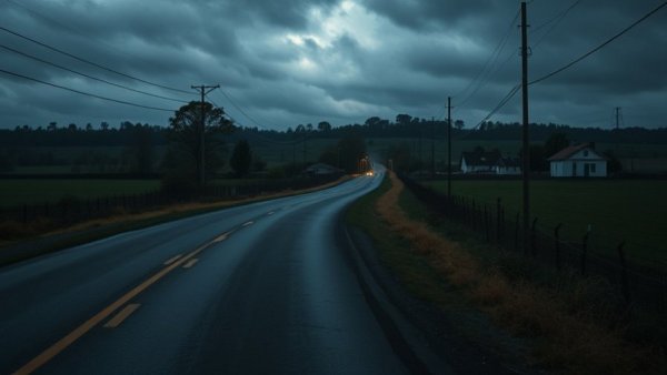 Calm rural road at Colony Ridge settlement, extending into distance.