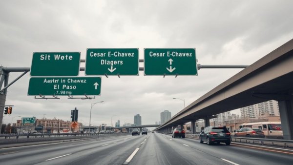 Expansive freeway showing signs for Cesar E Chavez Boulevard.